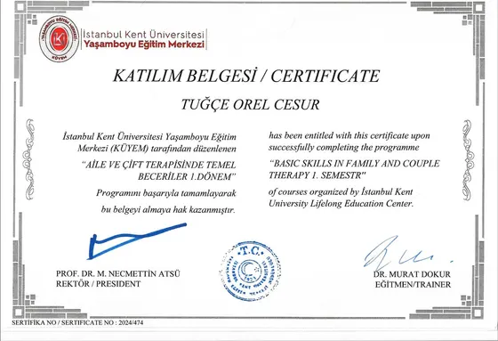 Klinik Psikolog Tuğçe Orel Cesur uzmanlık sertifikası